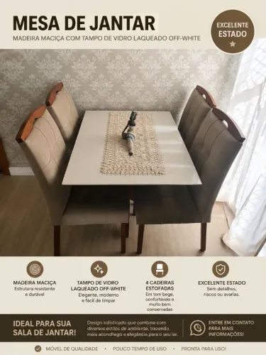 Mesa de Jantar em Madeira Maciça com 4 Cadeiras - Tampo de Vidro Laqueado Off-White