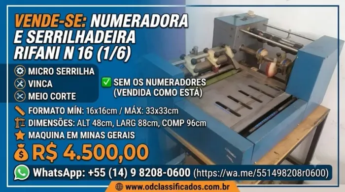 155 Numeradora e Serrilhaderia Rifani N 16 - 1/6, Maquina esta em Minas Gerais, Micro Serr