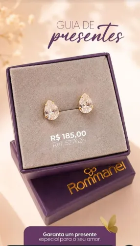 Brinco gota banhado a ouro 18K com Zircônia Branco Rommanel