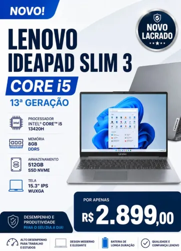 Notebook Lenovo Ideapad Slim Core i5 13420H 8Gb DDR5 SSD 512GB (NOVO-LACRADO)