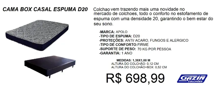 Colchão -D20 - box - compre hoje e receba em até 72 horas 