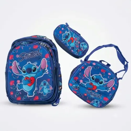 Lindo Kit Mochila Infantil Stitch Azul (Mochila + Lancheira + Estojo)