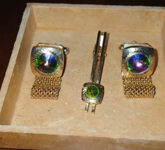 Conjunto Abotoaduras E Prendedor Gravata Watermelon tipo Swank Vintage Dourado