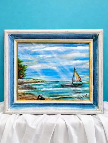 Quadro - tela em acrílico com moldura - O barco e a praia