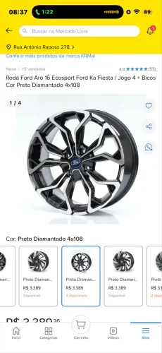 Roda Ford Aro 16 Ecosport Ford Ka Fiesta / Jogo 4 + Bicos Cor Preto Diamantado 4x108