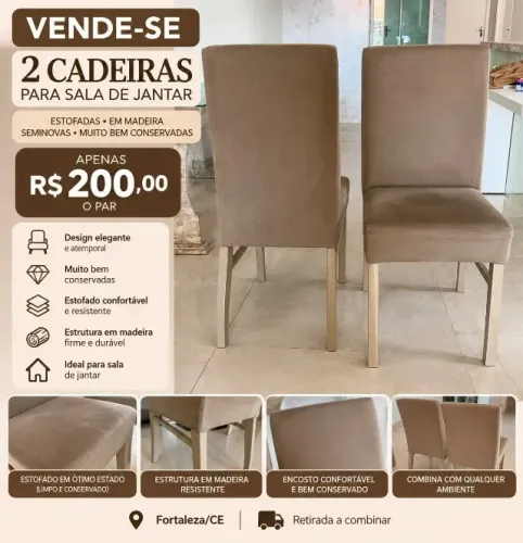 PAR DE CADEIRAS ESTOFADAS PARA SALA DE JANTAR