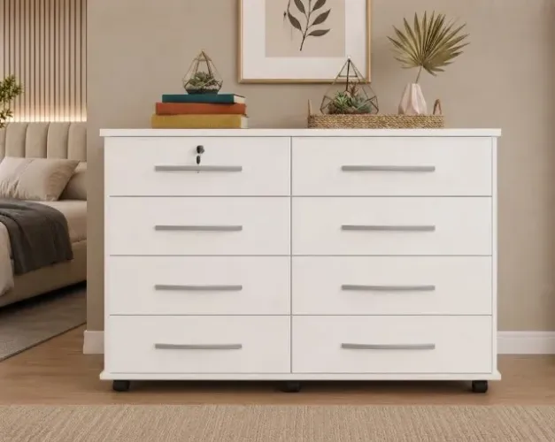 Cômoda borsary branca com 8 gavetas