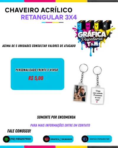 Chaveiro acrilico retangular 3x4
