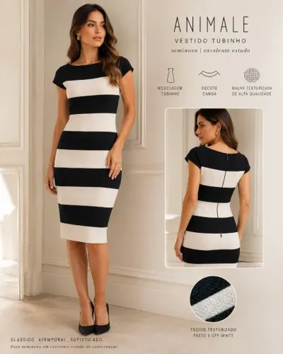 Vestido Animale tubinho listrado preto e off-white