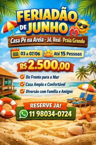 FERIADÃO 03 A 07/06 - CASA LITORAL PÉ NA AREIA - JD.REAL - PRAIA GRANDE SP