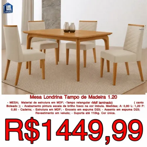 MESA LONDRINA SEM VIDRO 4 E 6 LUGARES EM PROMOÇÃO