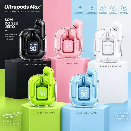 Fone Bluetooth Ultrapods Max TWS 5.3 com Display LED - 5 Cores