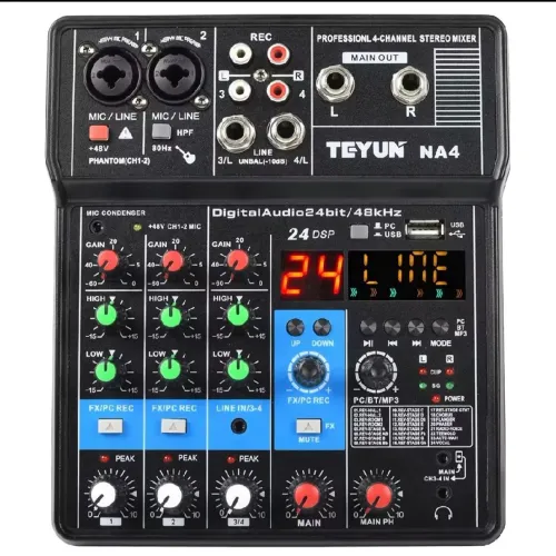 MESA DE SOM 4 CANAIS TEYUN NA4 BLUETOOTH USB PROFISSIONAL COMPLETA NOVA