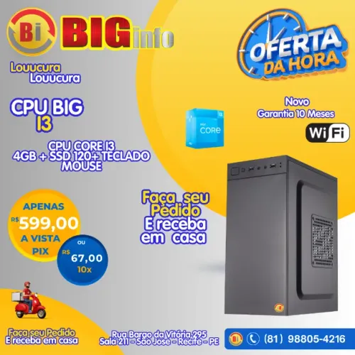 PC Home Big , Intel Core i3, 4GB DDR3, SSD 120GB - Em ate 10x Fixas 