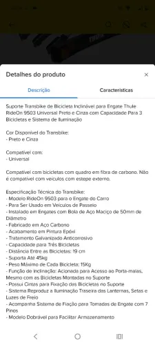 Vende se suporte thule Rideon Transbike p/3 bicicleta engate 9503 cor prata e preto