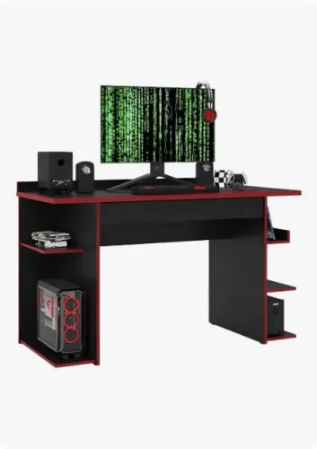 Mesa Gamer Preta com Detalhes em Vermelho - Com Prateleiras para Gabinete e Acessórios