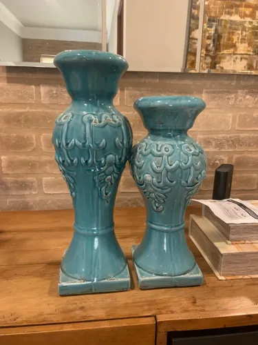 Par de Vasos Cerâmica Turquesa 50cm e 38cm - Alto Relevo Clássico Tiffany