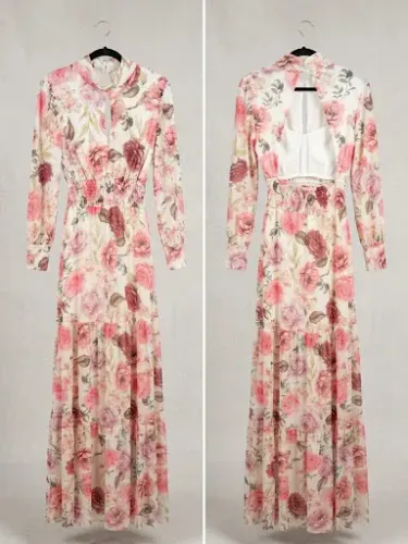 Vestido Longo em Tule Florido Rosado com fundo Branco