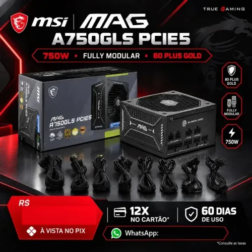 Fonte atx Msi Mag A750gls Pcie5, Fully Modular Compact Gaming 750w