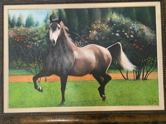 Quadro cavalo com moldura pintura à óleo obre tela