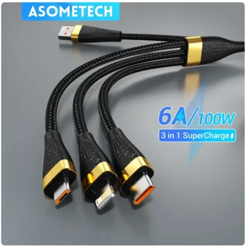 Cabo de carregamento 3 em 1 (tipo c, micro usb e Lightning) 6a - 100w asometech 2m