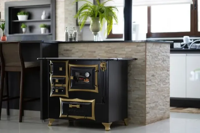 Fogão a Lenha Stylus Chapa em Alumínio, na Cor Preto/dourado, com Termômetro no Forno