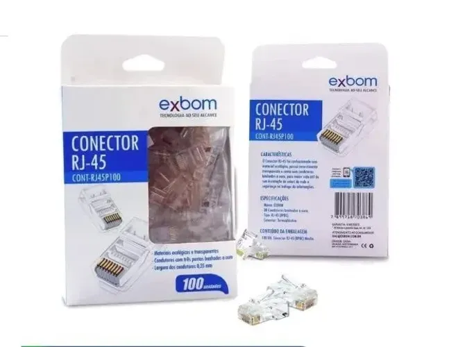 Conector RJ45 CAT5 Blindado em Metal 8P8C Suporta Gigabit Ethernet Cx c/ 100 Un. Exbom RJ4