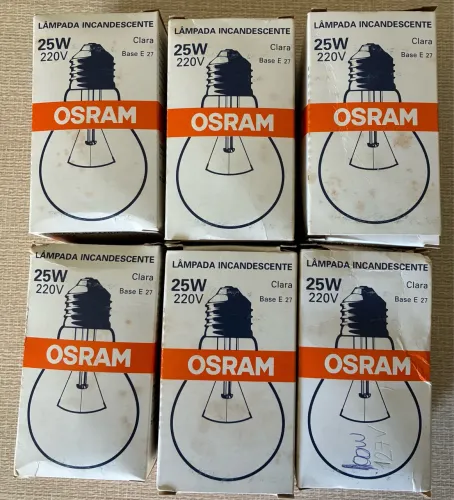 Lâmpadas incandescentes marca Osram sendo 5 unidades de 25W/220V e 1unidade de 100W/127V