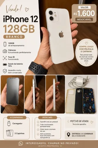 Vendo iPhone 12 128GB Branco + Carregador e 3 Capinhas?(Única Dona)