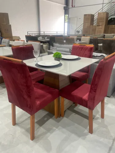 Mesa De Jantar Quadrada 90x90cm Tampo de Vidro Com 4 Cadeiras