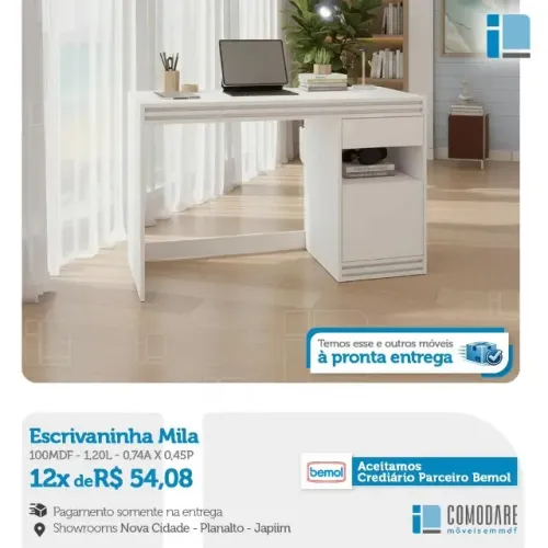 Escrivaninha Mila Branca em MDF | Mesa para Escritório e Home Office | Pronta Entrega