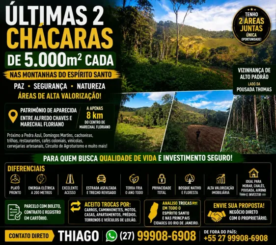 ÚLTIMAS 2 CHÁCARAS | 5.000m² DE NATUREZA | 8 KM DE MARECHAL FLORIANO, PARCELO, TROCO LEIA