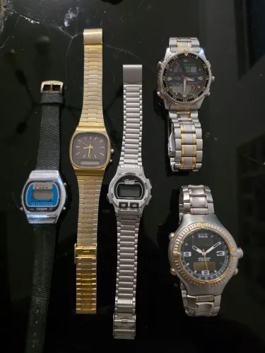 Lote 5 relógios antigos originais Technos t210 Ironman Benetton Citizen ana-digi vintage
