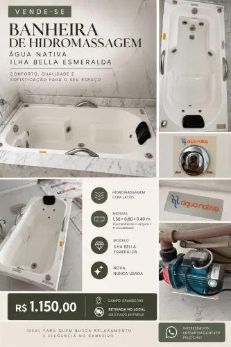 Banheira de embutir Água Nativa - Ilha Bella, na medida 1,50 × 0,80 × 0,40 m.