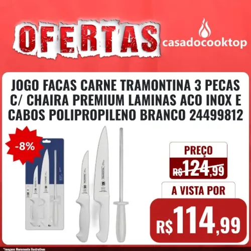 JOGO FACAS CARNE TRAMONTINA 3 PECAS C/ CHAIRA PREMIUM LAMINAS ACO INOX E CABOS POLIPROPILE