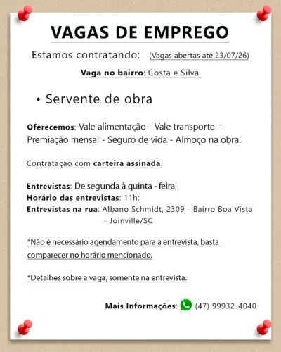 Servente de obra. Joinville/SC