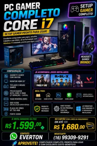 Pc Gamer Core I7 16Gb + Placa de video + Ssd Semi novo com garantia!!