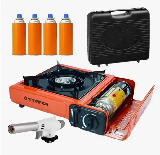 Kit Fogareiro Portátil Camping Pesca + 4 Gás+ Maçarico