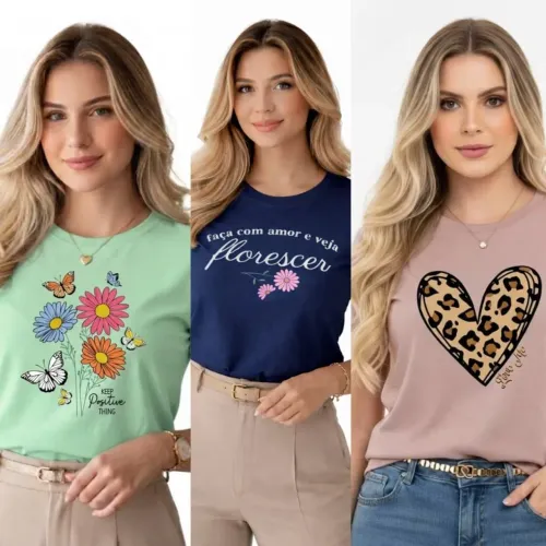 Atacado Kit Com 10 Blusas Feminina T-shirt 100% Algodão