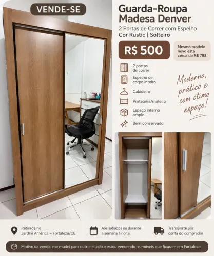 Guarda-Roupa Madesa Denver com Espelho - 2 Portas de Correr