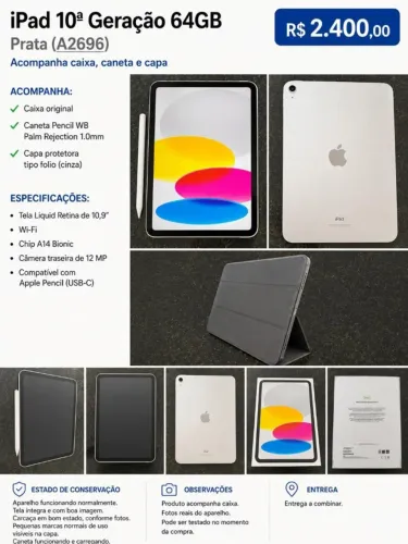 iPad Apple 10th generation 2022 A2696 10.9" 64GB Prata