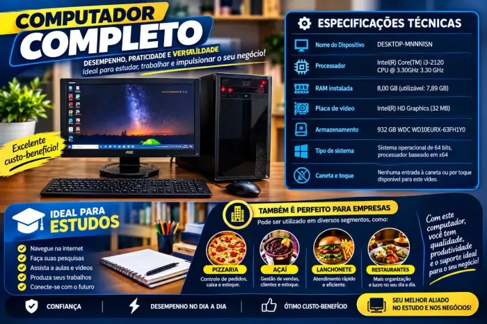 Computador Desktop Intel Core i3 | 8 GB de RAM | HD 1 TB | Windows 64 bits