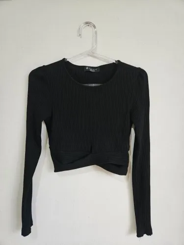cropped flor de lis manga longa preto tam p