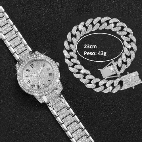 (novo) Kit Relógio Feminino Cravejado + Pulseira Cuban | Luxo e Brilho 