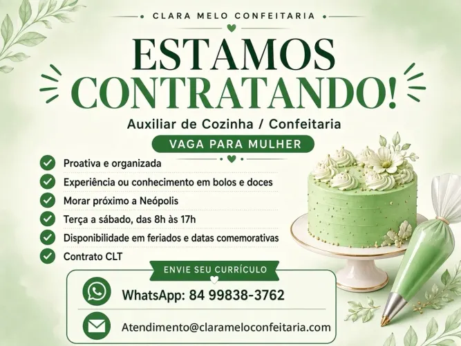 Vaga de emprego Auxiliar de confeitaria - Terça a Sábado