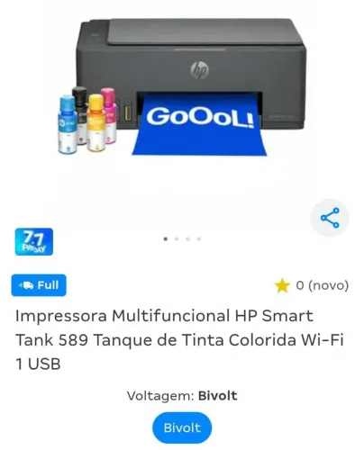 Impressora multifuncional Hp smart tank 589, tinta colorida, wi-fi