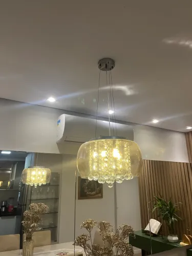 Lustre Pendente Moderno De Luxo Em Cristal Soho Prata Transp/ambar Cabo 2m Sala