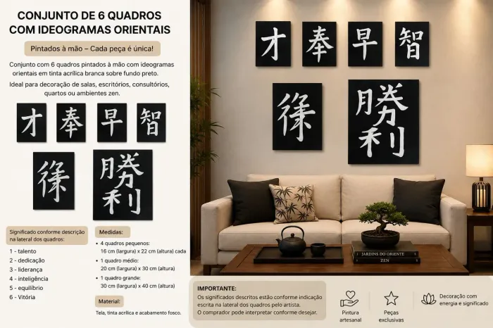 Conjunto de 6 quadros decorativos artesanais com ideogramas orientais