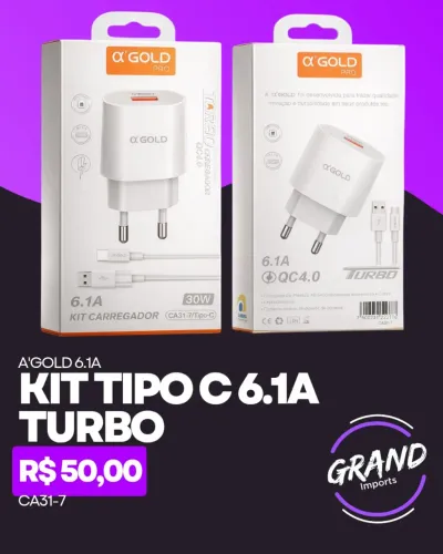 Kit Turbo Carregador USB e Cabo tipo C