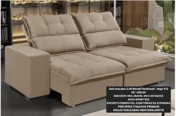 Sofa Atacama 2,00 Retratil Reclinavel - Bege 512